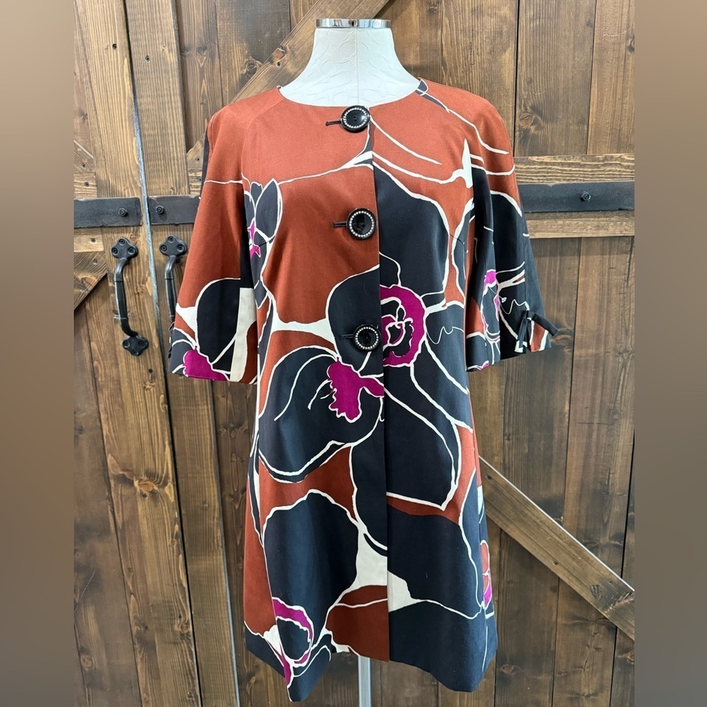 TRINA TURK ~ Abstract Floral Jacket Coat Duster ~ Brown Black Cream ~ Size 8